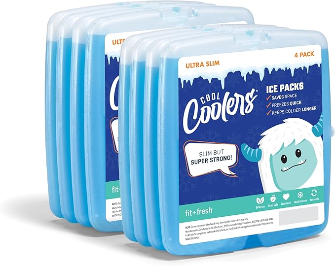 Cool Coolers by Fit & Fresh Slim Ice Packs, Quick Freeze, Space-Saving, Reusable Ice Packs for Lunch Boxes & Coolers