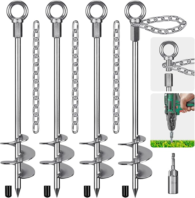 17.5'' Fully Welded Ground Anchors with Chain, 3'' Wider Spiral Trampoline Anchors, 4pcs Mobile Home Anchors, Heavy Duty Earth Anchors for Sheds, Swing Sets, Canopies, Carports