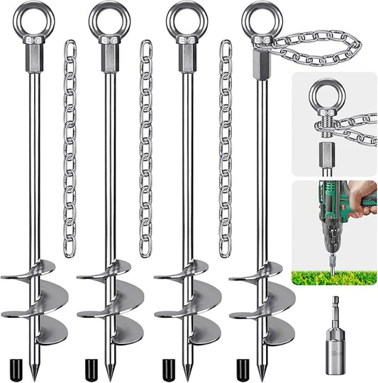 17.5'' Fully Welded Ground Anchors with Chain, 3'' Wider Spiral Trampoline Anchors, 4pcs Mobile Home Anchors, Heavy Duty Earth Anchors for Sheds, Swing Sets, Canopies, Carports