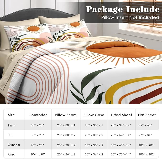 Comforter Set Queen Size, Boho Retro 7 Pcs Bedding for Kids and Adults, Vintage Sunshine Bed Sheet Sets with Fitted Sheet 2 Pillowcase & 2 Sham for Bedroom Bed Decor