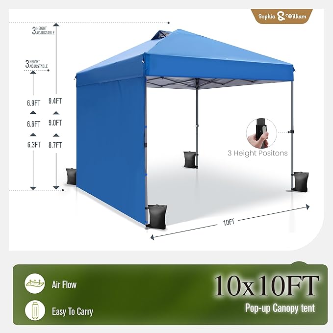 Canopy Tent Pop Up 10x10 ft One Person Push Set Up Tent, Outdoor Canopies Shelter Heavy Duty Straight Legs with 1 Sidewall & 4 Sandbags, 1 Roller Bag & Storage Bag, 8 Stakes & 4 Guy Ropes UPF50+, Blue