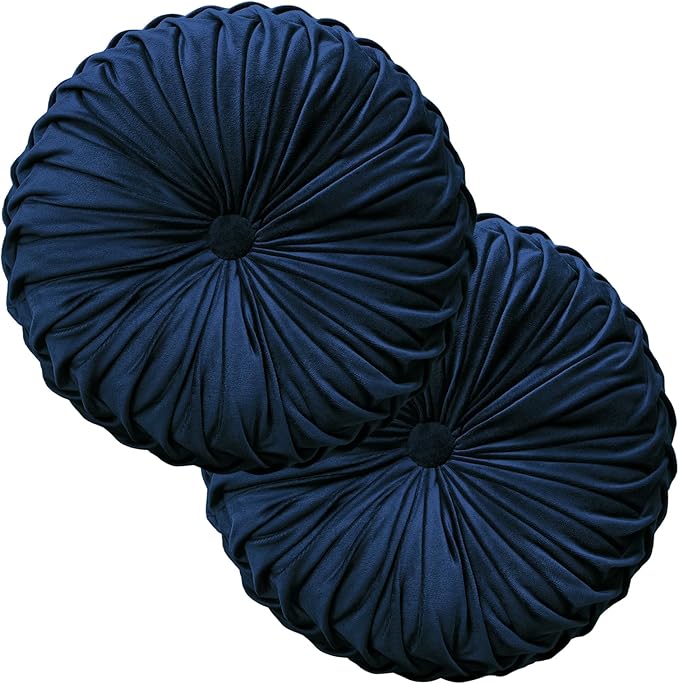 2 Pcs Round Throw Pillows Decorative Pumpkin Velvet Boho Pleated Bed Pillows Back Support for Couch Chair Dorm Car 14.96'' (Navy Blue)