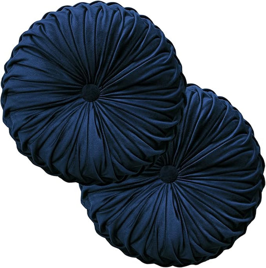2 Pcs Round Throw Pillows Decorative Pumpkin Velvet Boho Pleated Bed Pillows Back Support for Couch Chair Dorm Car 14.96'' (Navy Blue)
