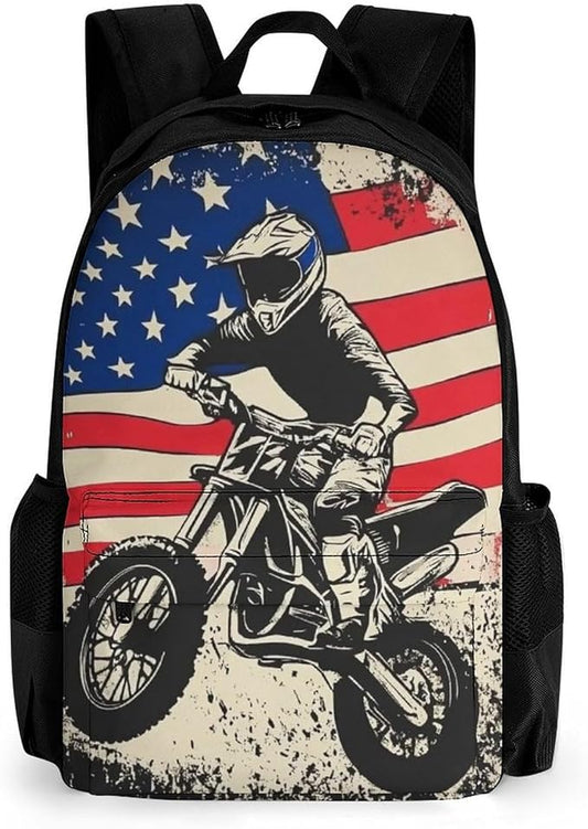 Lightweight Rucksack for Sports Travel Running, Big Capacity Multipurpose Anti-Theft Bookbag, Dirt Bike Motocross American Flag Travel and Sport Backpack Rucksack