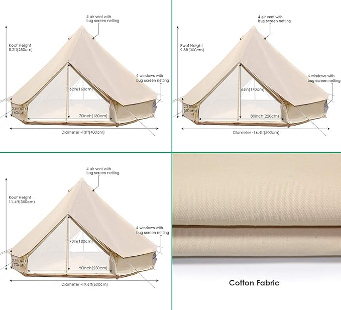 UNISTRENGH 4-Season Luxury 2 Doors Family Cotton Waterproof Bell Tents for Glamping Parties (13.1ft 16.4ft 19.7ft Dia. Size Options)