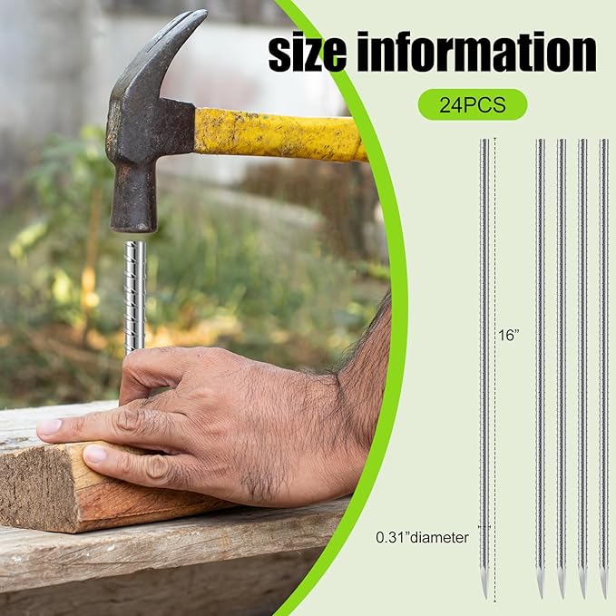 Gisafai 24 Pcs 16inch Ground Rebar Stakes Metal Heavy Duty Stakes Ground Landscape Anchors Spike Garden Stake Edging Spikes Plant Support with Chisel Point End for Concrete Timber Garden Tent Camping