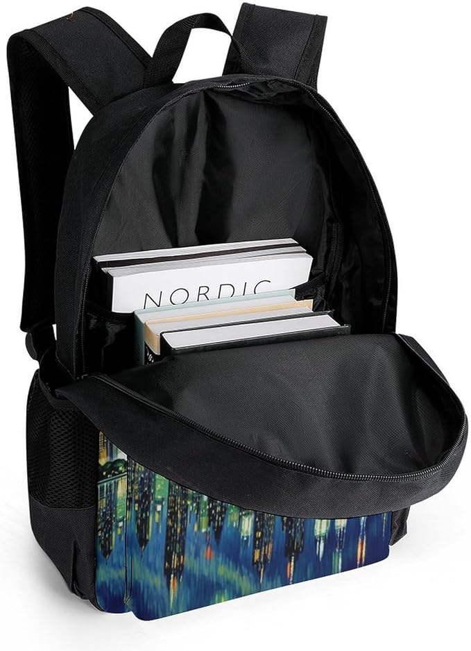 Supdreamc Women Men Polyester Chicago City Skyline Night View Starry Sky Painting Casual Daypack Large Capacity Bookbag With Side Pockets for Sports Picnic Walking Cycling