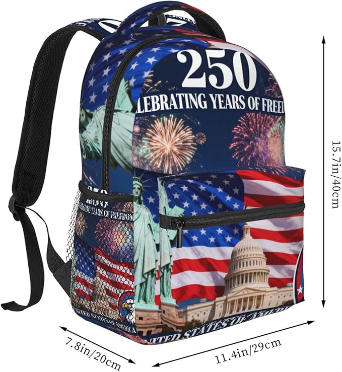 Polyester Daypack Backpack for Sports Travel Running, Big Capacity Anti-Theft Multipurpose Carry On Bag, 250th Anniversary 1776-2026 Patriotic Freedom Art Laptop Book Bag Rucksack