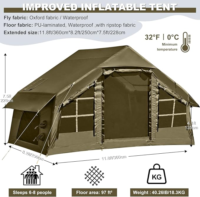 Inflatable Tents for Camping with Stove Jack, 2/4/6/8 Person Easy Setup Blow Up Tents for 4 Seasons Waterproof Inflatable Camping Tent with Awning, Air House Glamping Tents for Camping Adult