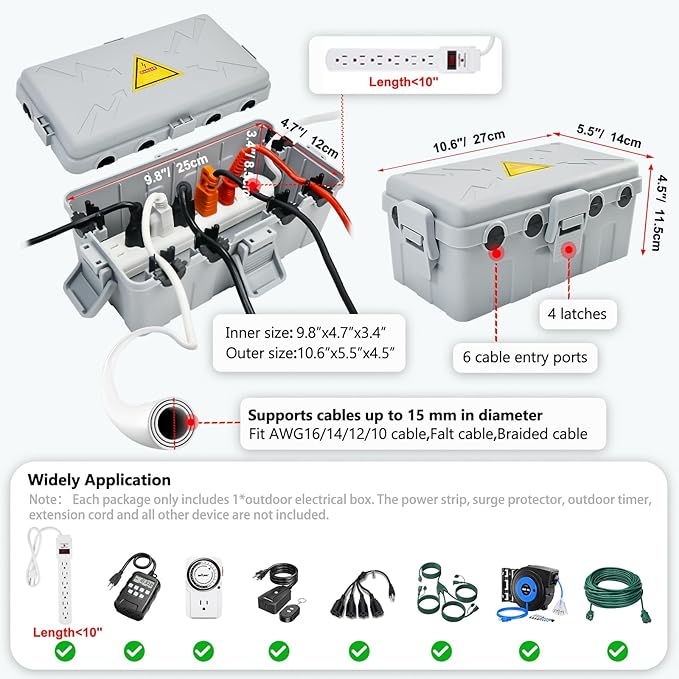 Hrensaw Medium Outdoor Electrical Box(10.6x5.5x4.5inch),Weatherproof Connection Box w/6 Cable Entry,IP54 Waterproof Extension Cord Cover Protect Power Strip,Timer,Plug,Holiday Lights,Grey