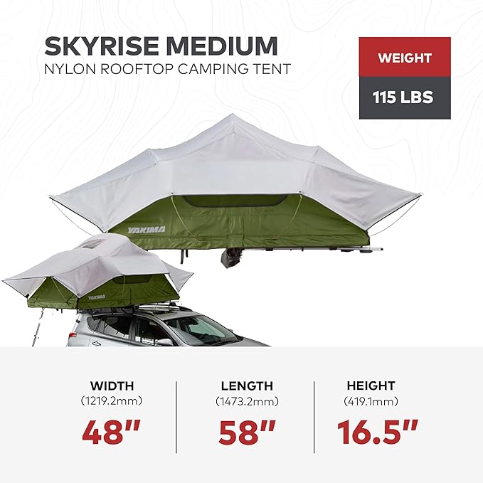Yakima SkyRise Medium Nylon Rooftop Camping Tent for 3 People with Ladder, Mesh Skylights, and 2.5 Inch Foam Mattress with Removable Cover, Green