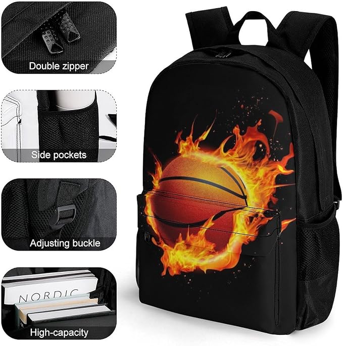 Supdreamc Shoulder Book Bags Polyester Multipurpose Anti-Theft Burnning Fire Basketball Black Carry On Bag Large Capacity Travel Hiking Camping Rucksack