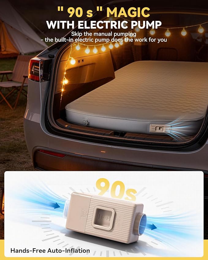 Hikenture Camping Mattress for Tesla Model Y, Electric Pump Self Inflating Sleeping Pad, 4” Thick Foam & Air Model Y Mattress Bed, 9.5 R-Value Insulated Camping Pads for Tesla