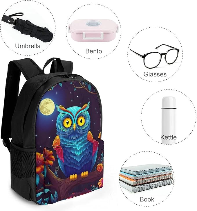 Supdreamc Lightweight Daypack Backpack for Trekking Work Running, Big Capacity Multipurpose Anti-Theft Bookbag, Trippy Owl Red Floral Moon Art Business Computer Bag