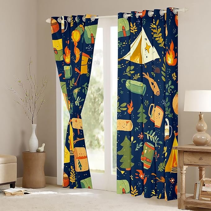 Feelyou Camping Decor Curtains for Bedroom Living Room Camper Accessories Blackout Shades Happy Camping Room Darkening Curtain Window Treatments, 2 Panels 42 x 63 Inch Decor