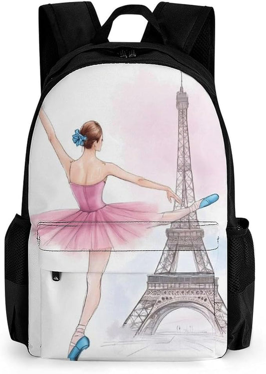 Daypack Backpack Polyester Multipurpose Anti-Theft Ballet Dancer Ballerina Eiffel Tower Shoulder Bag Big Capacity Gym Outdoor Hiking Backpack With Smooth Zippers