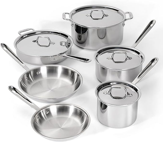 All-Clad D3 3-Ply Stainless Steel Cookware Set – 10-Piece Pots and Pans Set, Induction, Oven Broiler Safe 600F - Includes Frying Pans, Saucepan, Sauté Pan, Stockpot, Professional Cookware – Silver