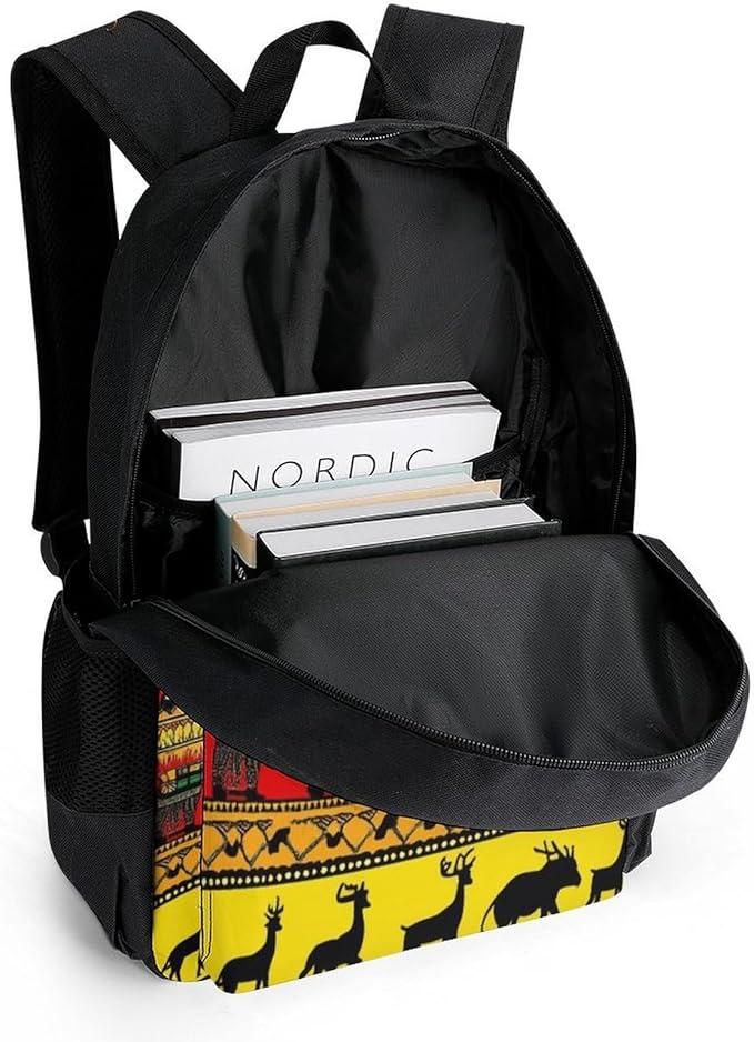 Daypack Backpack Anti-Theft Multipurpose Large Capacity Carry On Bag, Ethnic Tribal African Black Women Deer Elephants Art Traveling Camping Backpack With Side Pockets