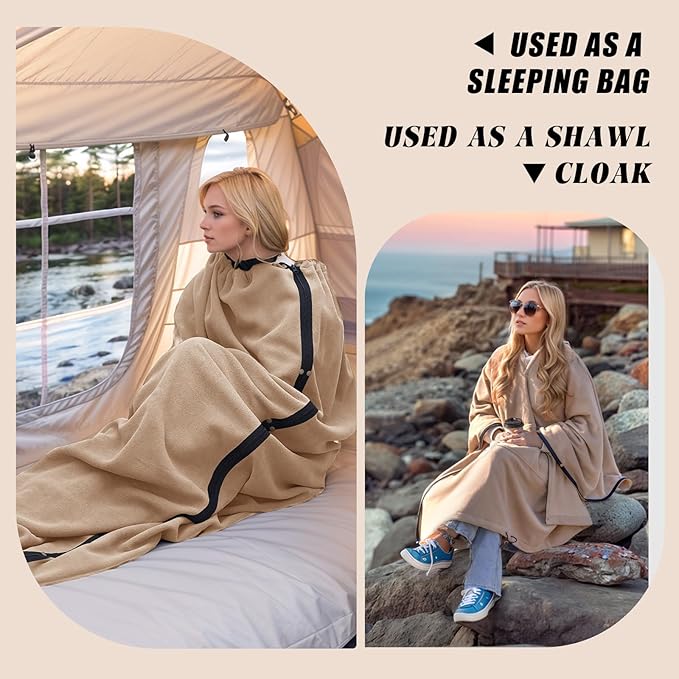 Outdoor Camping Blanket, Poncho Wearable Pocket Blankets, 74.5 in * 63 in, Warm, Comfy, Durable & Portable, Machine Washable, for Stadium, Concerts, Car Travel, Sports, Hiking, Sofa. (Khaki)