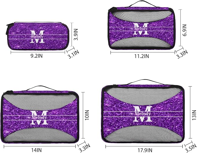 Custom Name 4 Pcs set travel luggage organizer Mesh Travel Essentials for Suitcases, Purple Sequins with Initial Letter