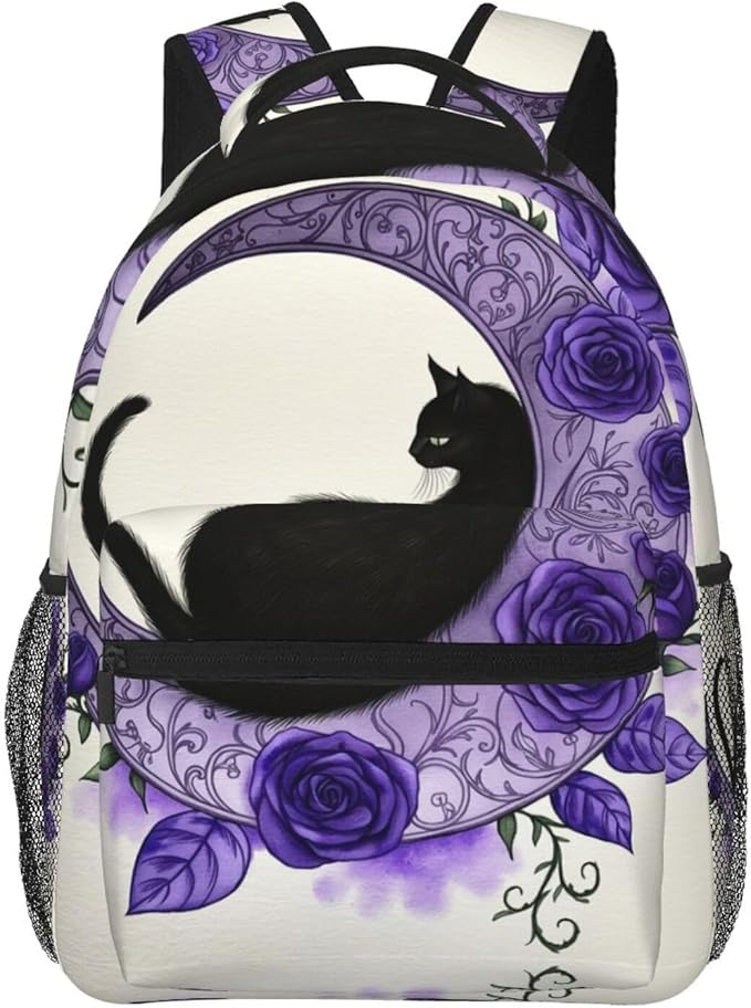 Polyester Daypack Backpack for Climbing Outdoors Running, Big Capacity Multipurpose Anti-Theft Bookbag, Elegant Black Cat Crescent Moon Purple Rose Vine Art Travel Hiking Camping Rucksack
