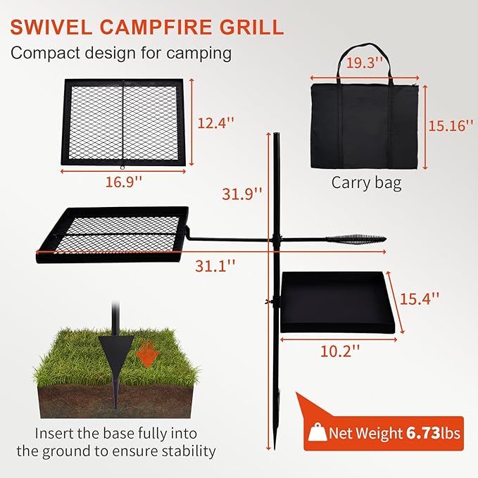 VINGLI Swivel Camping Firepit Grill, Foldable Campfire Steel Grate w/Griddles & Storage Bag, 360° Adjustable, Open Fire Outdoor Cooking Equipment, Parties, Activities, Families Use 31'' x 17'' x 32''