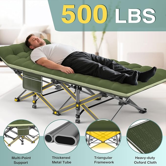ZENPETIO Camping Cot for Adults - Heavy-Duty Cot Bed with Mattress, Portable Sleeping Cots for Outdoor Indoor, 1200D Oxford Folding Cots for Home Travel, Max load 500LBS, Fits People up to 6'3", Green
