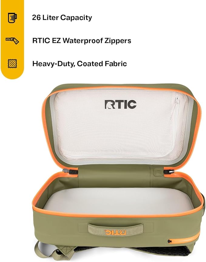 RTIC Ultra Dry Backpack, Waterproof Outdoor Floating Bags for Hiking, Travel, Camping, Boating, Backpacking, 26L, Olive & Orange