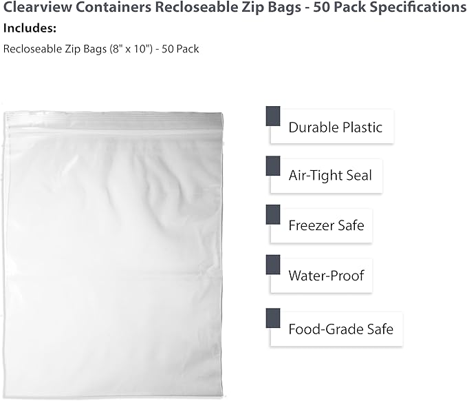 50-Pack 8" x 10" Reclosable Zip Bags – Durable & Convenient Storage Solution