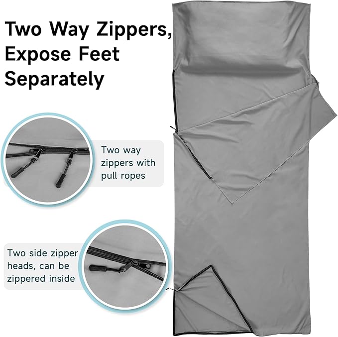 Sleeping Bag Liner, 9.5oz Ultralight Satin Travel Sheets for Hotel with Two Way Zippers, Silky Camping Sheets & Adult Sleep Sack for Backpacking Hiking Business Trips