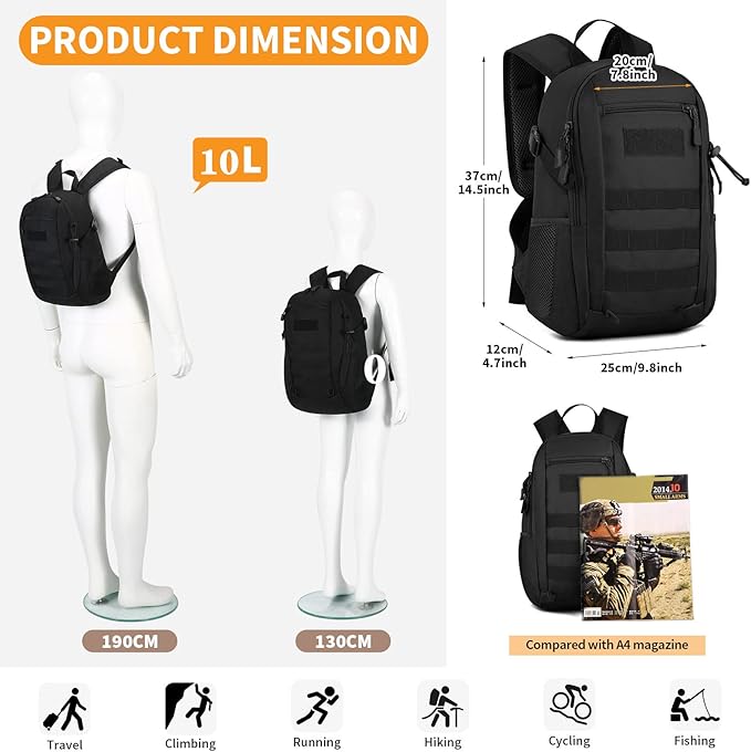 HUNTVP 10L Tactical Backpack Small Backpack Mini Daypack Military MOLLE Rucksack Gear Tactical Assault Pack Bag for Hunting Camping Trekking(10L-Black)