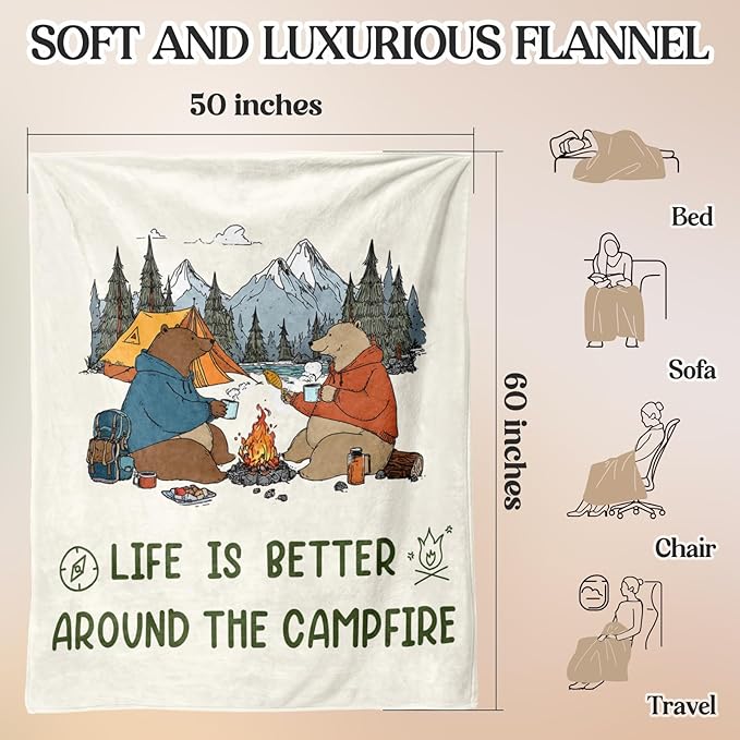 Camping Blanket, Campings Essentials, Camping Gifts for Women Men Unique, Camper Accessories, Camper Must Haves Decor for Christmas Birthday Fathers Day Mothers Day, Fleece Throw Blanket 60”×50”
