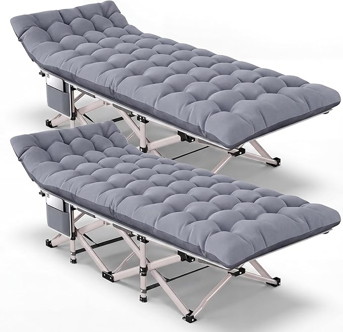 2 Pack Folding Camping Cot for Adults - Portable Sleeping Cots with Removable Padded Cushion, Heavy Duty Camp Bed with Head Tilt Design, Carry Bag for Camping Travel Office Nap Guest Bed