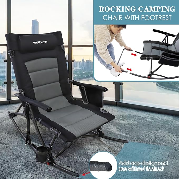Oversized Folding Low Rocking Camping Chair with Footrest Removable Pillow Portable Outdoor Rocker Padded High Back Ergonomic Armrests for Patio Garden Lawn