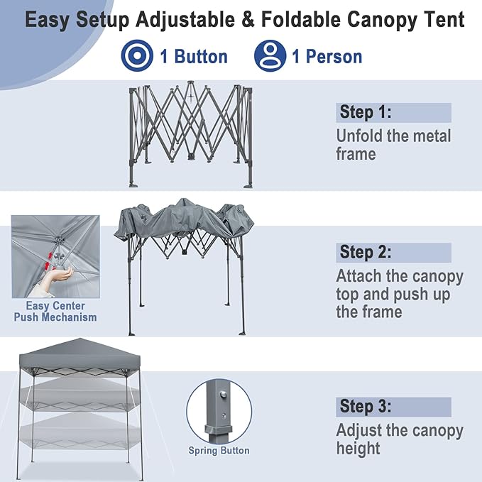 6.6 x 6.6 Ft Pop Up Canopy, 1 Person Instant Setup Canopy Tent with Push Center Lock, 8 Stakes, 4 Ropes & Carrying Bag, Portable Easy Up Gazebo Shelter for Outdoor Camp, Beach, Patio & Party