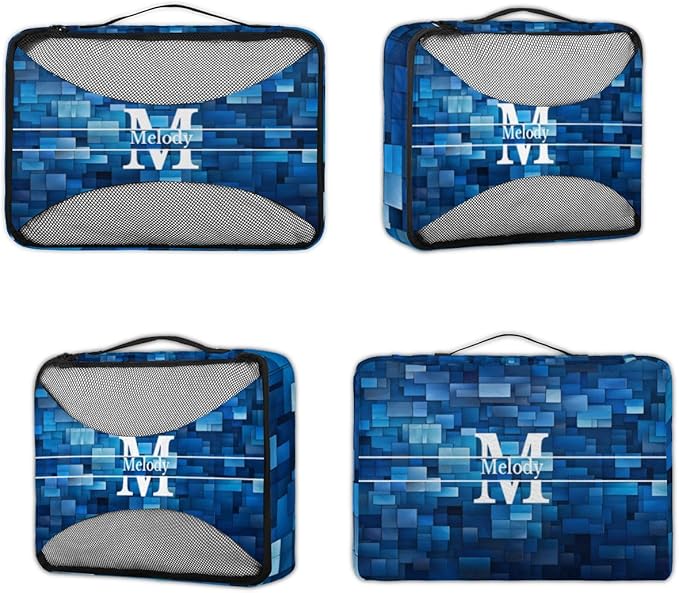 Custom Name 4 Pcs set travel luggage organizer Mesh Travel Essentials for Suitcases, Blue Geometric Pattern with Initial Letter
