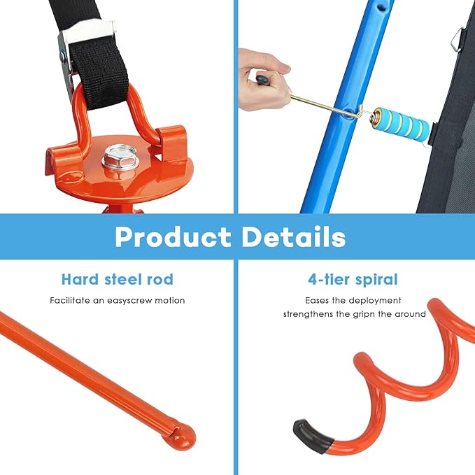 MIXXIDEA 11.4 Inch Gound Anchors Screw in, Metal Spiral Earth Anchors Kit, Heavy Duty Folding Ring Spiral Stake with Straps, Ground Stakes for Tent (Orange, 11.4 Inch with 92in Straps)