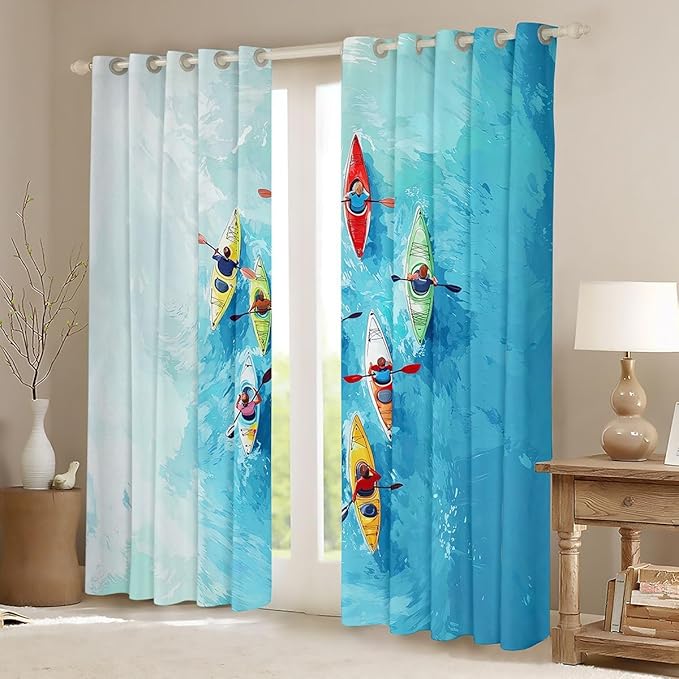 Manfei Go Boating Window Drapes,Rowing Boat Lake Adventure Blackout Curtains,Row Paddle Summer Sport Games Nursery Bedroom Playroom Decor,Chic Blue 2 Panels,52Wx84L inch