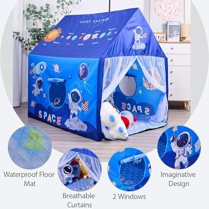 Space Rocket Ship Kids Tent with Mat for Boys & Girls Aged 3+ Toddler for Indoor Outdoor Playhouse Tent Set Sizes 47×46.8×38.1In,Washable