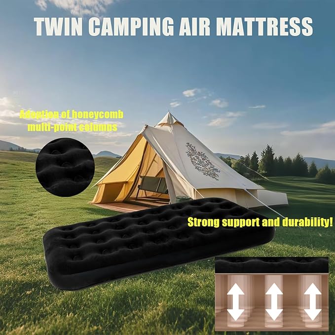 Twin Size Single Camping Air Mattress Bed with Air Pump,75"x 39"Thickened Portable Inflatable Mattress Blow Up Air Mattress,Travel Sleeping Bed Pad for Camping Home Hiking(Black)