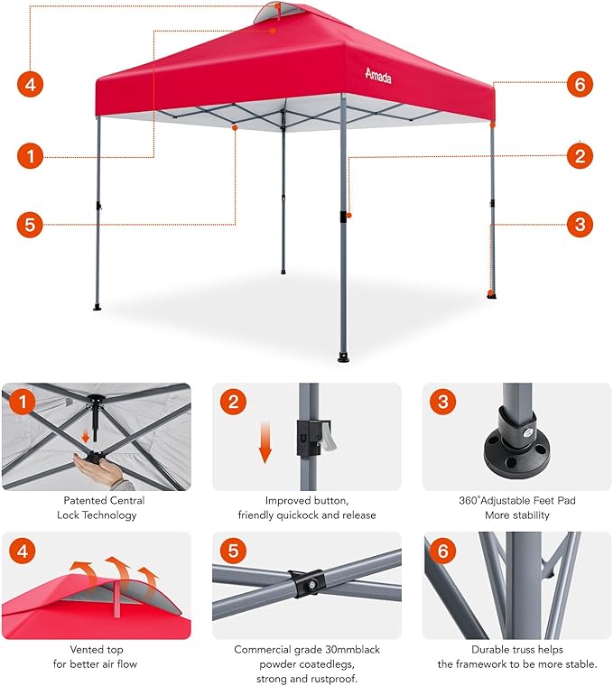 Amada 10x10 Pop Up Canopy - Center Lock One Push Instant Setup Gazebo Outdoor Canopy Beach Tent with STO-N-Go Bag 8 Stakes & 4 Sand Bags, 3-Height Adjustable Shade Shelter (10x10ft, Red)