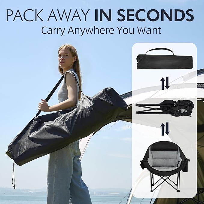 Oversized Camping Chairs for Adults - Heavy Duty Padded Outdoor Folding Lawn XL Camp Chair with Cup Holder Cooler Pockets for Outside Sports Beach Fishing Garden Portable Supports 500lbs, Black