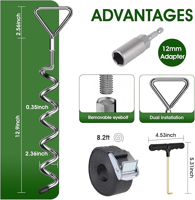 Earth Anchors Trampoline Heavy Duty Stakes Kit - Spiral Screw In Ground Anchors with Straps for Swing Set