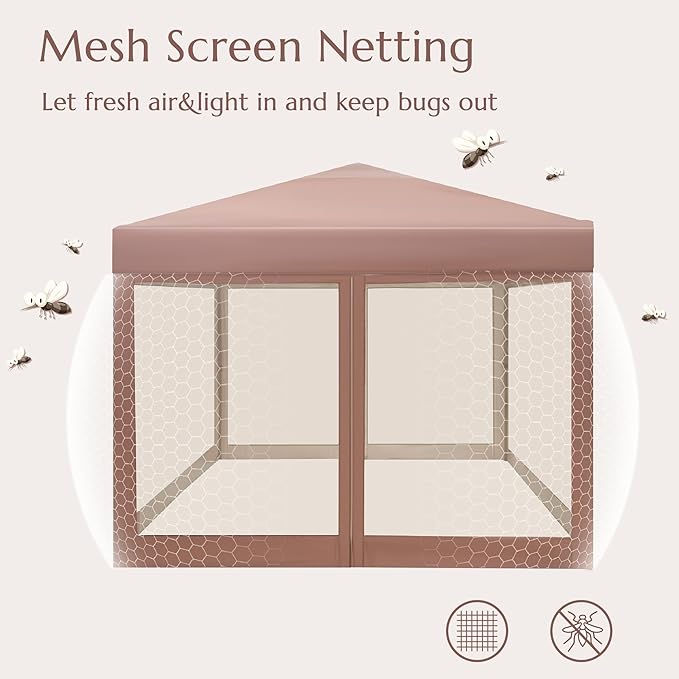 PHI VILLA 10 x 10 Pop Up Canopy Tent with Netting, Instant Gazebo, Ez up Screen House Room with Carry Bag, Height Adjustable, for Outdoor, Garden, Patio,Brown