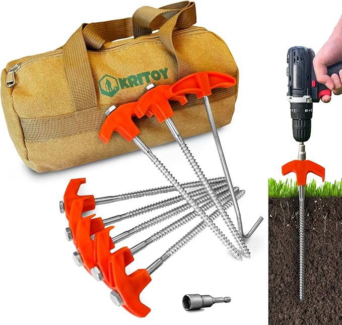 16 Pack Tent Stakes Heavy Duty - 8" Screw in Tent Stakes - Ground Anchors Screw in - Tent Pegs Camping Stakes - Metal Threaded Tent Spikes with 1 Hex Head Driver, 1Stopper T Pull Hook and Storage Bag