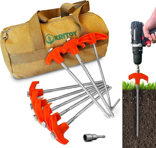 16 Pack Tent Stakes Heavy Duty - 8" Screw in Tent Stakes - Ground Anchors Screw in - Tent Pegs Camping Stakes - Metal Threaded Tent Spikes with 1 Hex Head Driver, 1Stopper T Pull Hook and Storage Bag