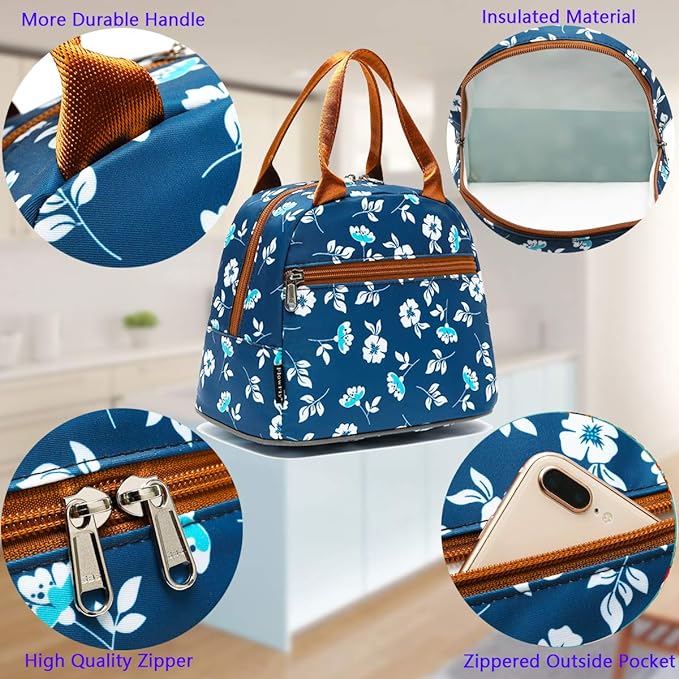 FlowFly Insulated Lunch Cooler Bag - Tote Bag Organizer for Women/Men, Floral#White