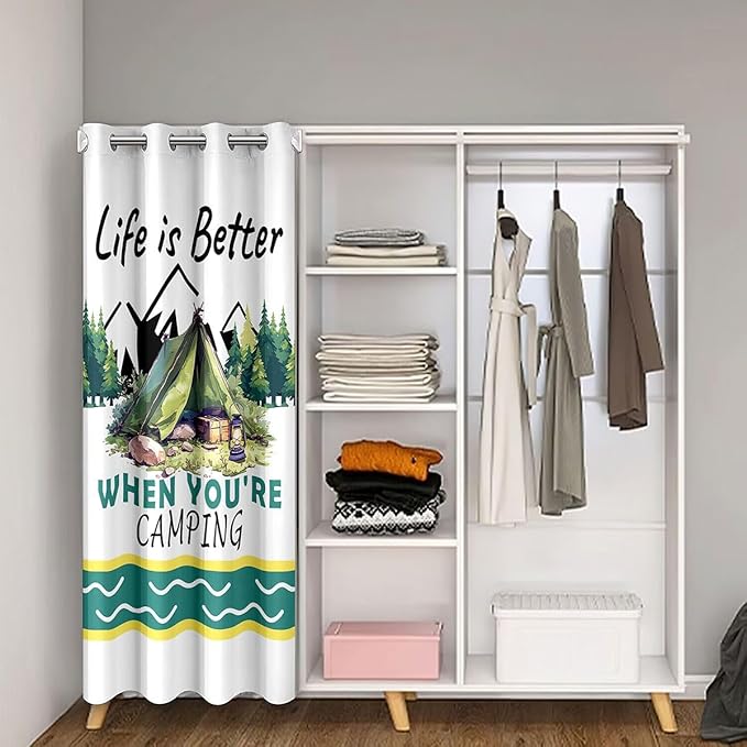 Happy Camping Adventure Kids Door Curtain,Tent Pine Tree Nature Rustic Blackout Curtain,RV Trailer Camper Outdoor Bedroom Doorway Living Room Decor,Green White Privacy Door Drape 1 Panel,42" W X 80" L