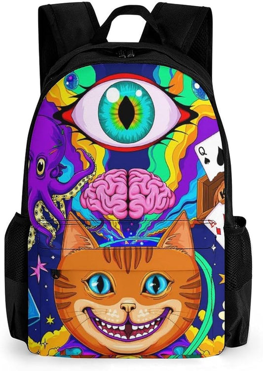 Supdreamc Rucksack Polyester Anti-Theft Multipurpose Acid Trip Colors Trippy Cat Eye Octopus Art Bookbag Big Capacity Travel and Sport Backpack Rucksack With Side Pockets