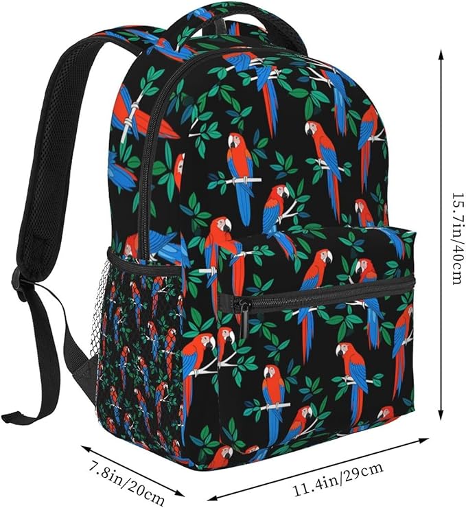 Men Women Polyester Macaw And Trees Art Daypack Big Capacity Shoulder Bag With Adjustable Shoulder Straps for Camping Travel Walking Cycling